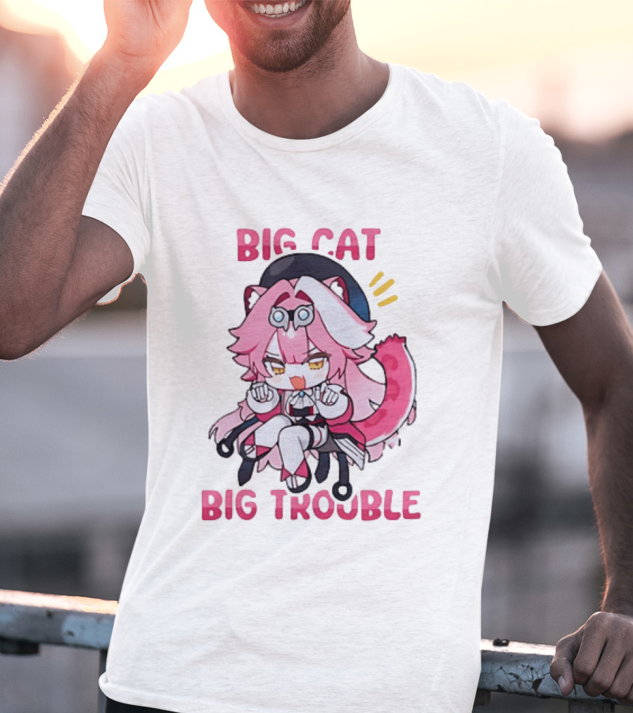 Big Cat Big Trouble Chibi Character With Pink Hair And Tail T-Shirt
