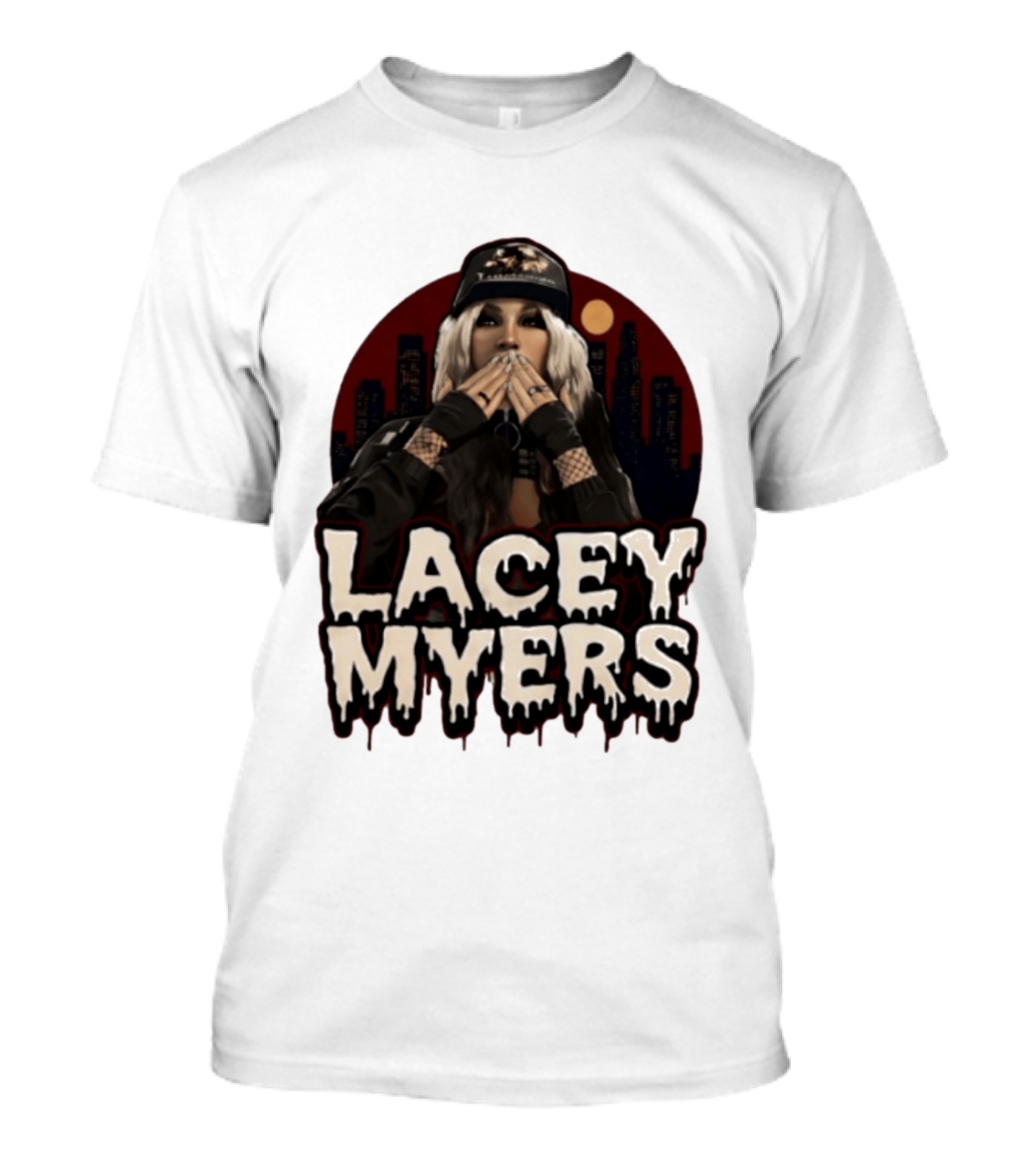 Lacey Myers City Skyline Red Moon Horror T-Shirt