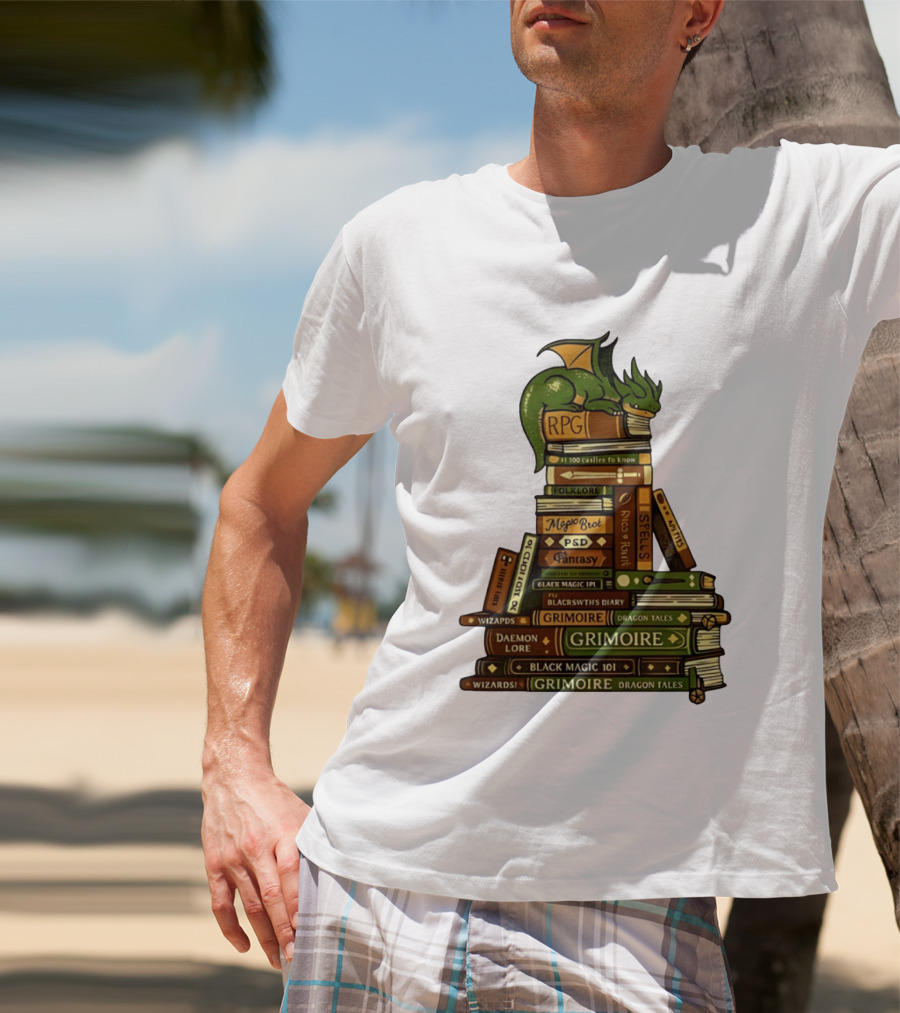 Dragon Resting On RPG Fantasy Grimoire Magic Books Stack T-Shirt