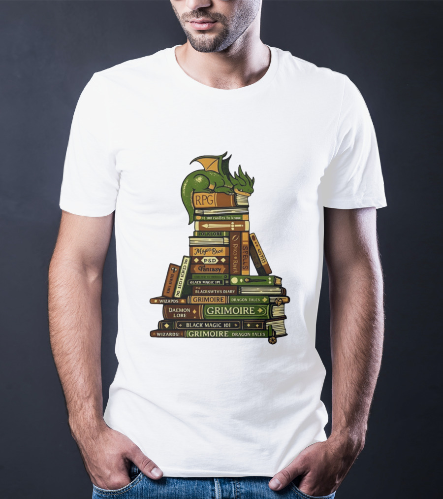Dragon Resting On RPG Fantasy Grimoire Magic Books Stack T-Shirt