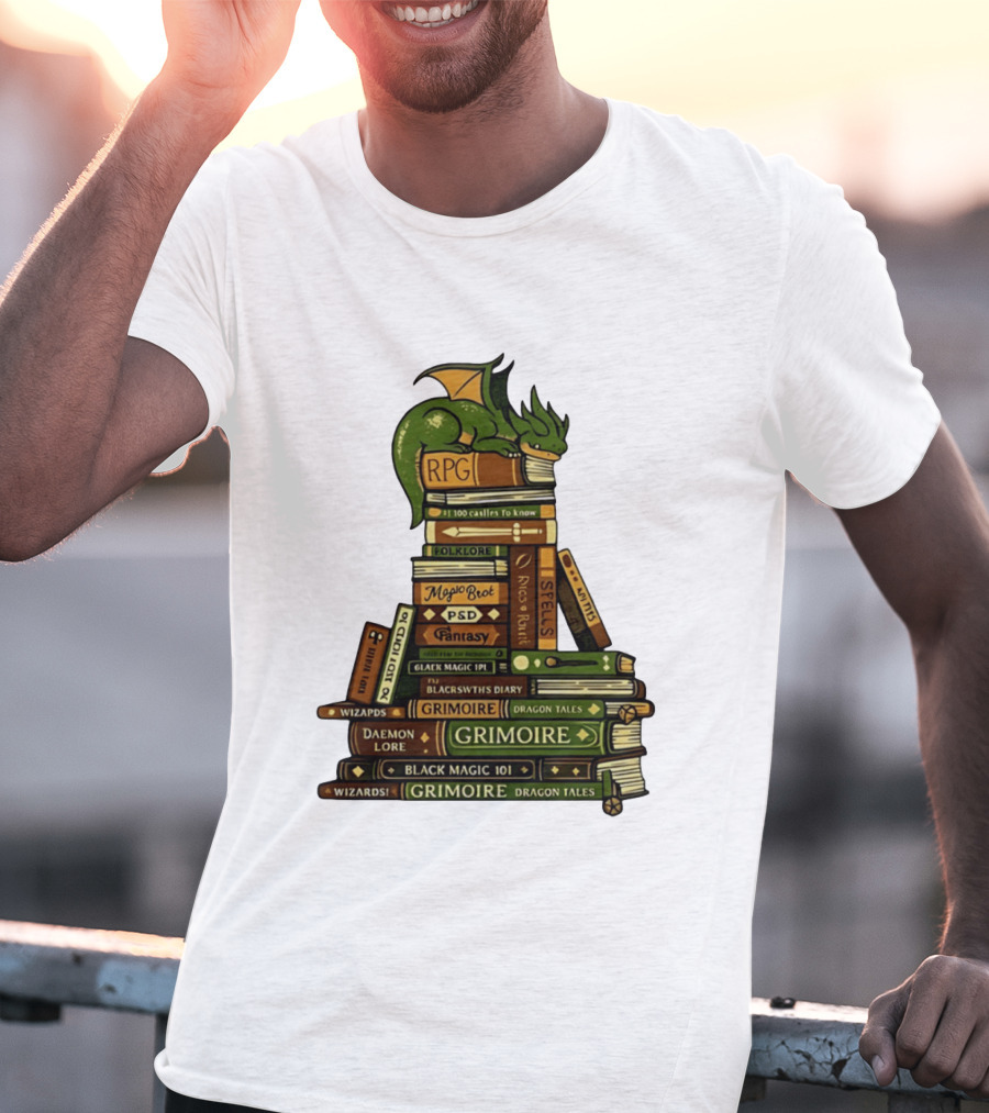 Dragon Resting On RPG Fantasy Grimoire Magic Books Stack T-Shirt