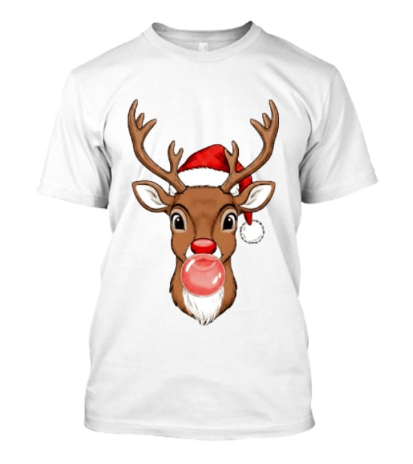 Merry Christmas Reindeer Santa Hat Bubble Gum Red Nose T-Shirt