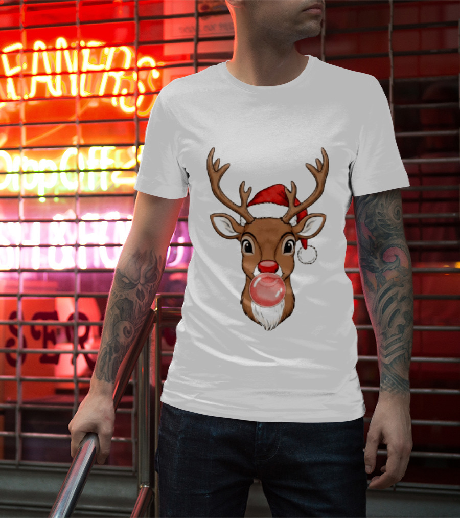 Merry Christmas Reindeer Santa Hat Bubble Gum Red Nose T-Shirt