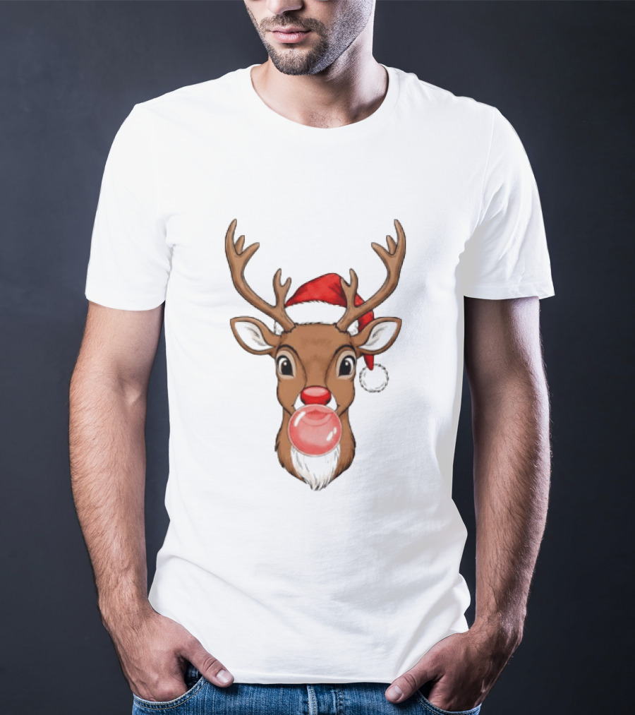 Merry Christmas Reindeer Santa Hat Bubble Gum Red Nose T-Shirt