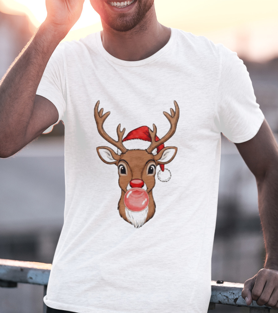 Merry Christmas Reindeer Santa Hat Bubble Gum Red Nose T-Shirt