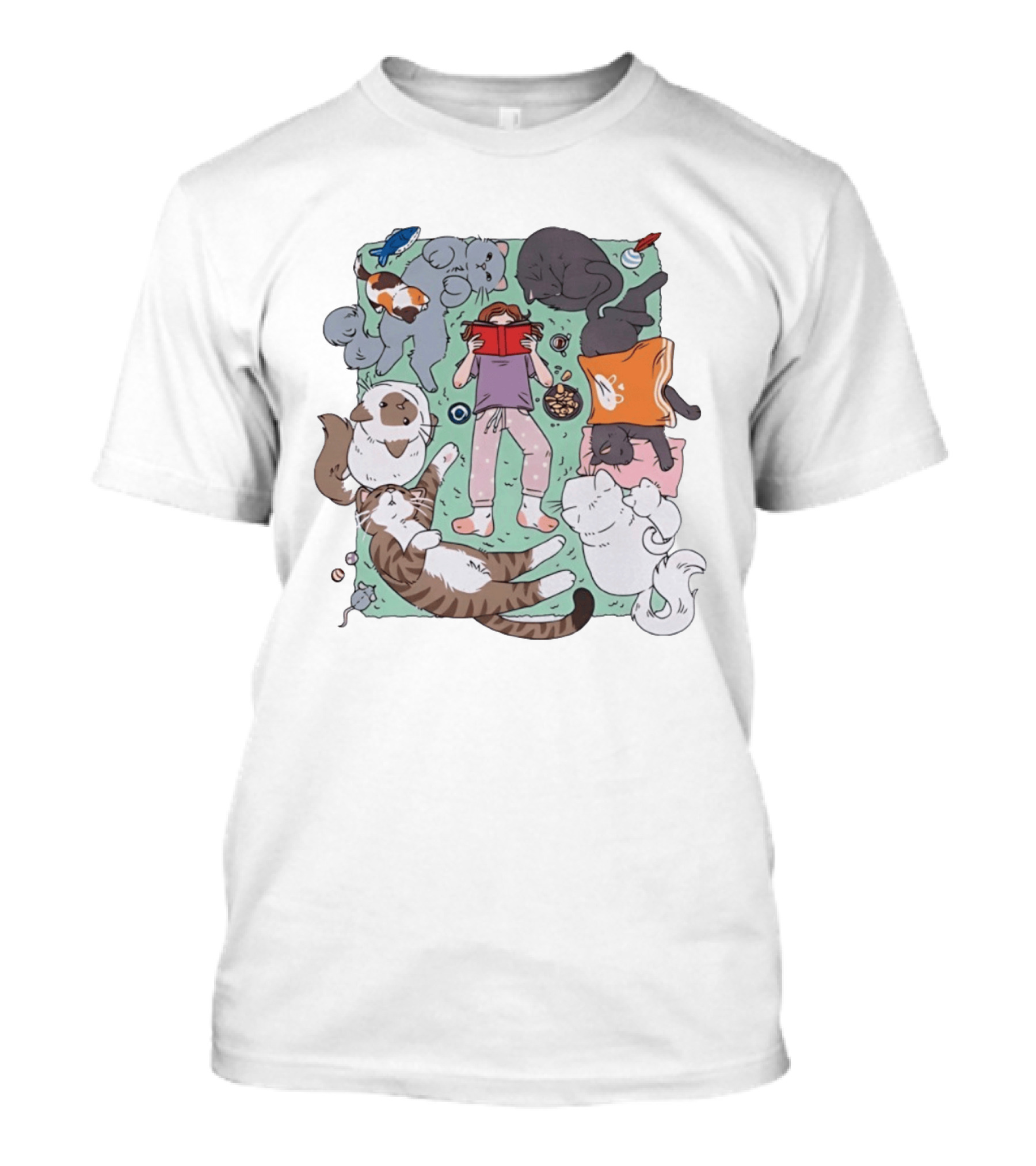 Girl Reading A Book With Cats Around Her Cat Lover T-Shirt