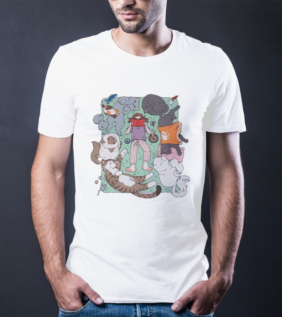 Girl Reading A Book With Cats Around Her Cat Lover T-Shirt