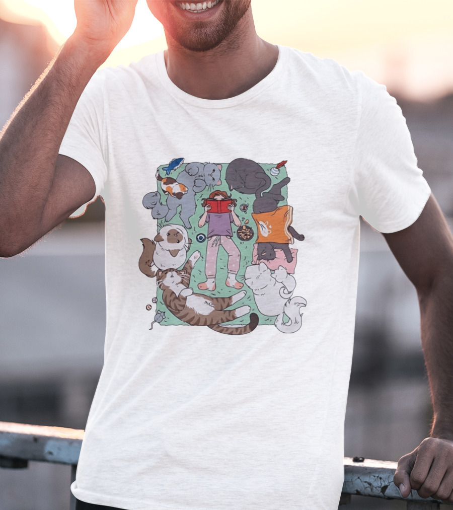Girl Reading A Book With Cats Around Her Cat Lover T-Shirt