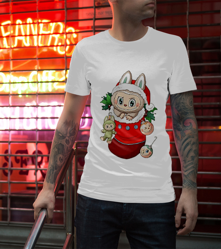 Stocking Stuffer Labubu Christmas Santa Hat Holly Ornaments T-Shirt