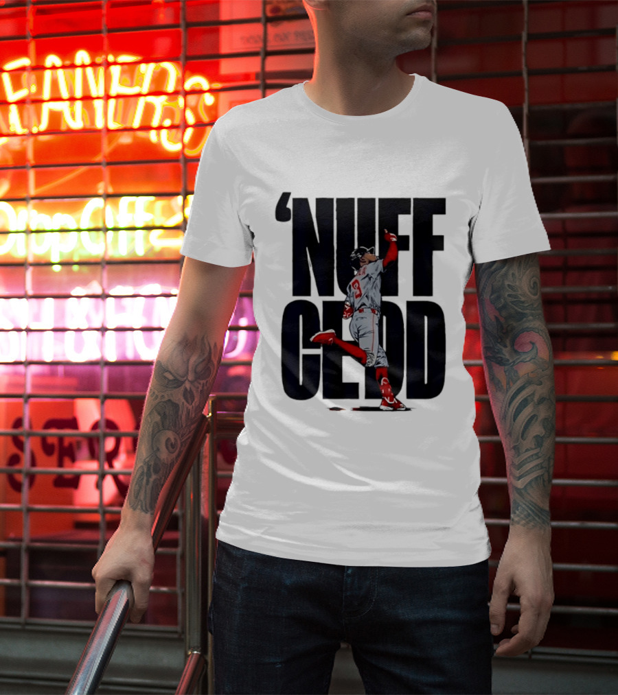 Nuff Cedd Baseball Player Number 9 Running Bases Pointing Up T-Shirt