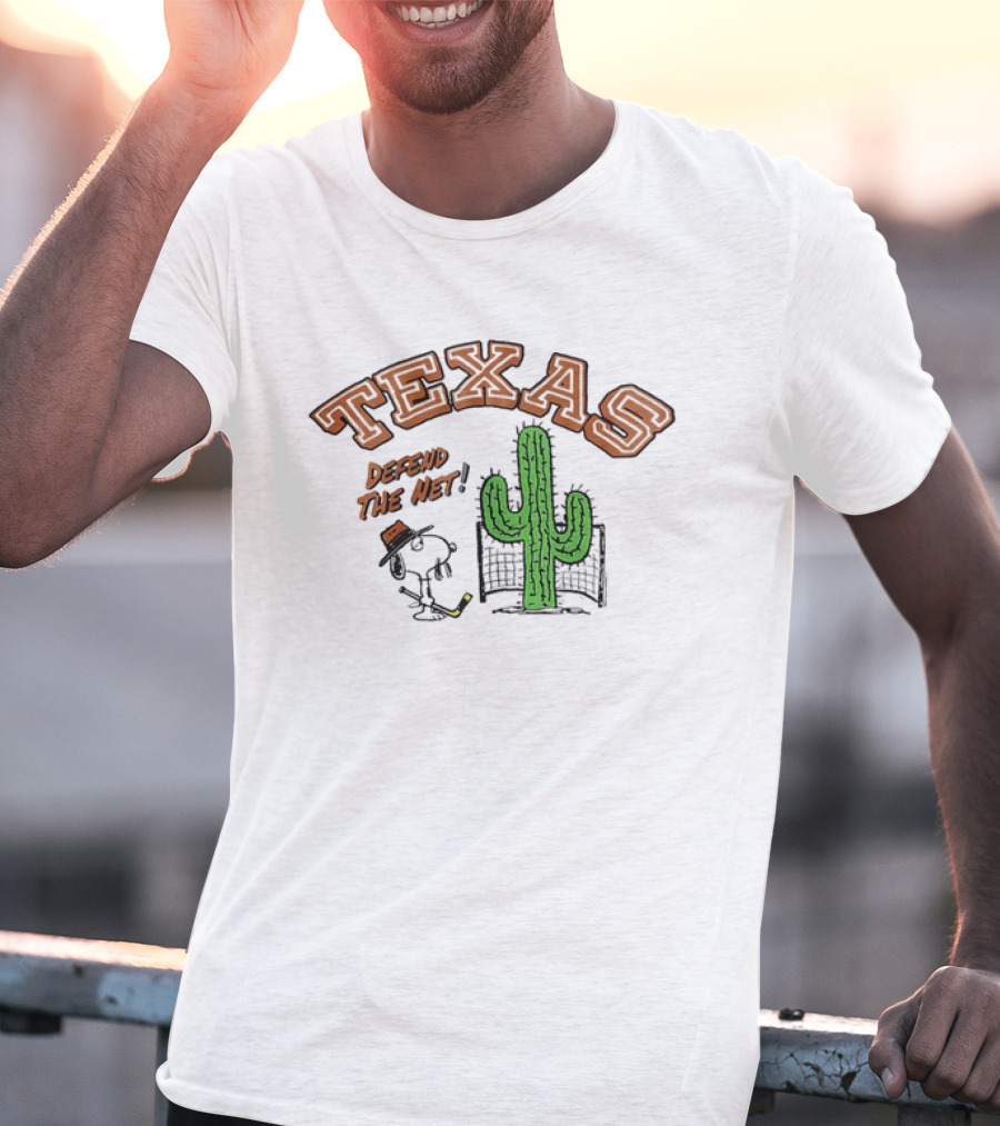 Texas Peanuts Snoopy Defend The Net Hockey Cactus T-Shirt
