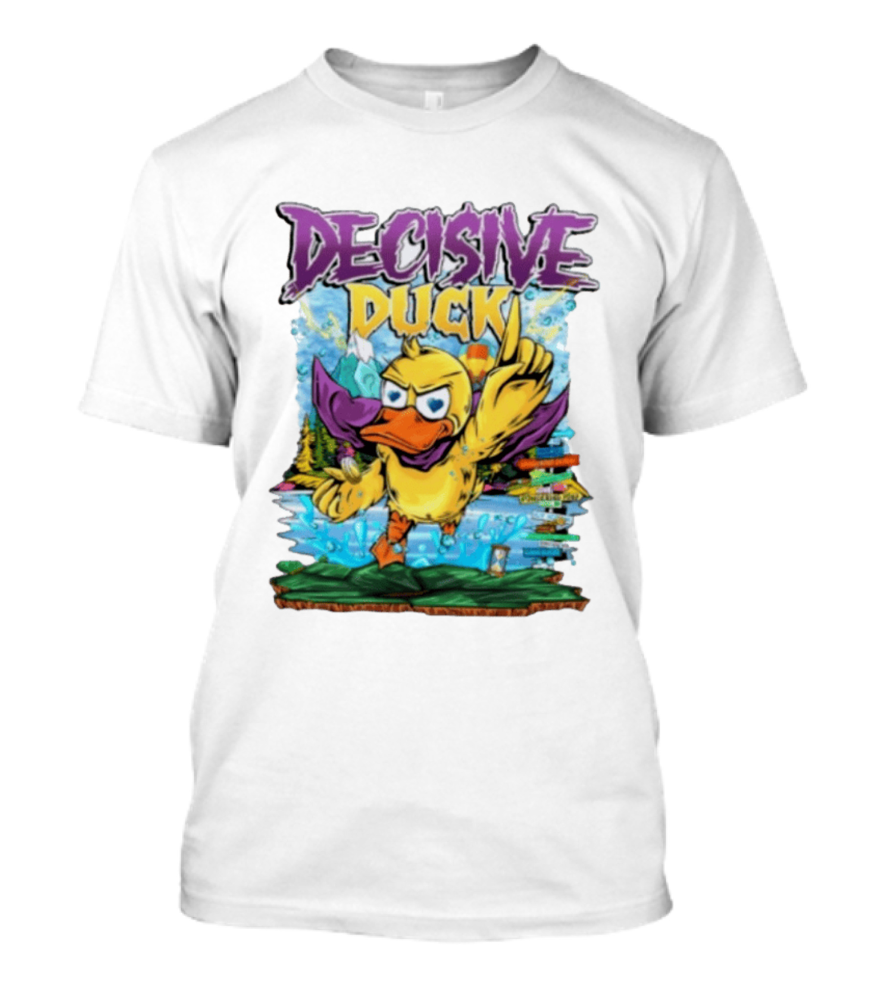 Decisive Duck Adventure Cartoon Style Colorful Forest Scene T-Shirt