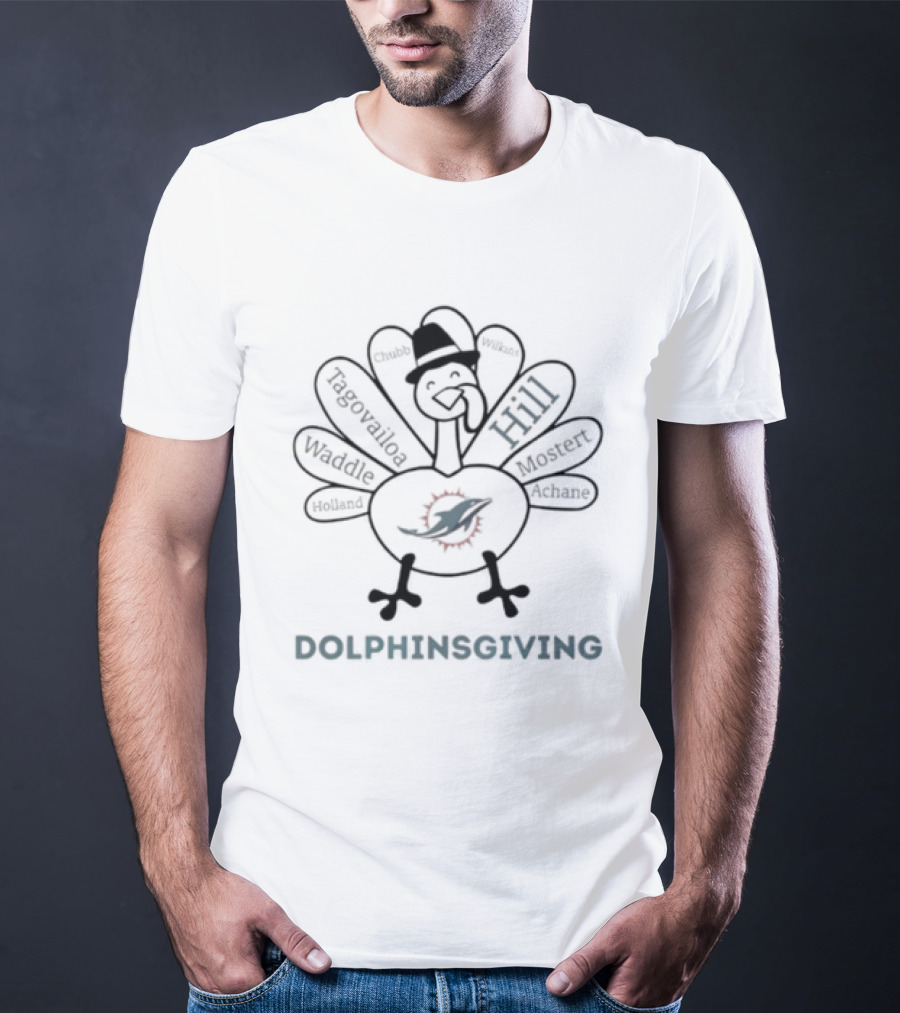 Dolphinsgiving Thanksgiving Miami Dolphins Hill Waddle Tagovailoa Mostert Turkey T-Shirt