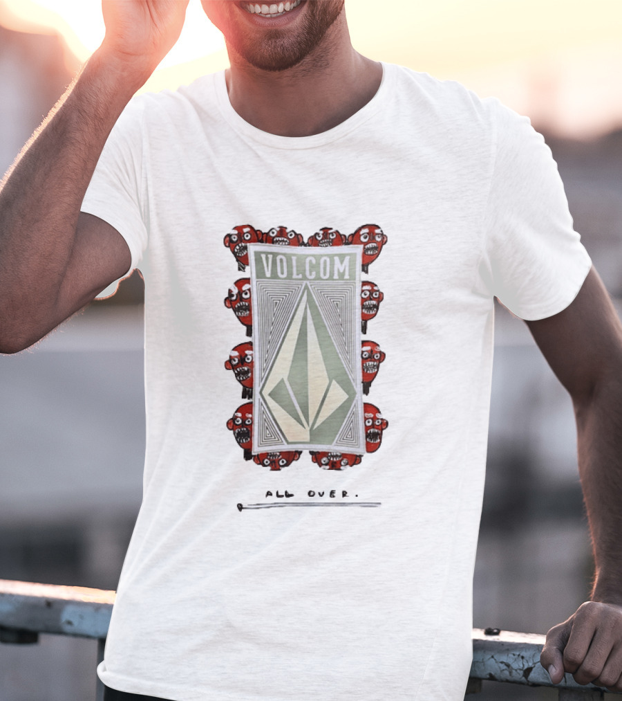 Volcom All Over Streetwear Skateboarding With Red Skull Faces T-Shirt