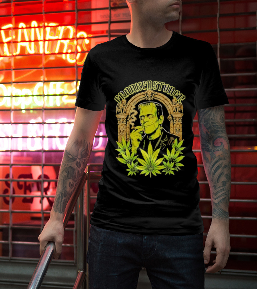 Frankenstoner Frankenstein Marijuana Smoking Arch Skulls T-Shirt