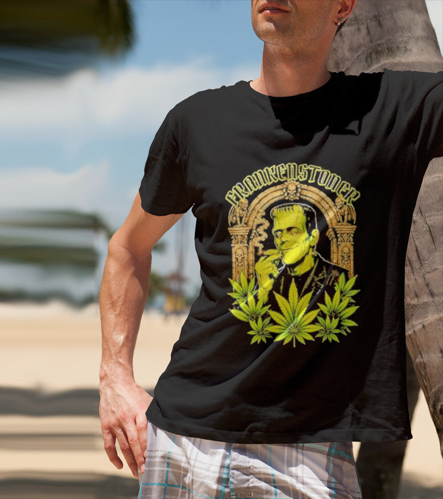Frankenstoner Frankenstein Marijuana Smoking Arch Skulls T-Shirt