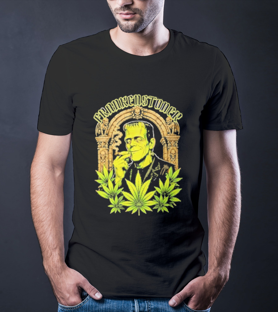 Frankenstoner Frankenstein Marijuana Smoking Arch Skulls T-Shirt