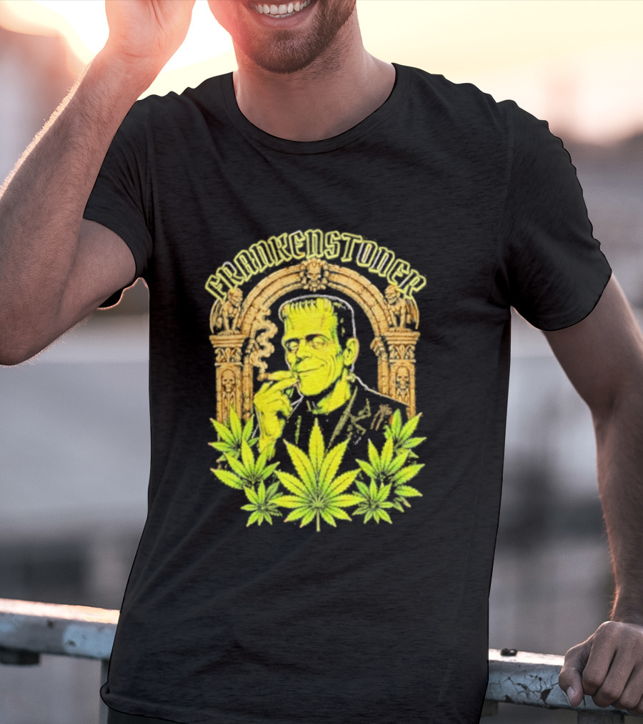 Frankenstoner Frankenstein Marijuana Smoking Arch Skulls T-Shirt