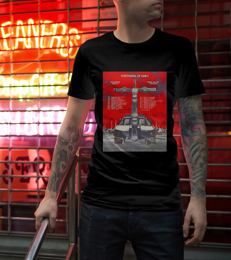 Portrayal Of Guilt Europe UK MMXXVI Spike Hellis Crouch Oathbreaker Tour Dates Tire Tracks Industrial Red T-Shirt