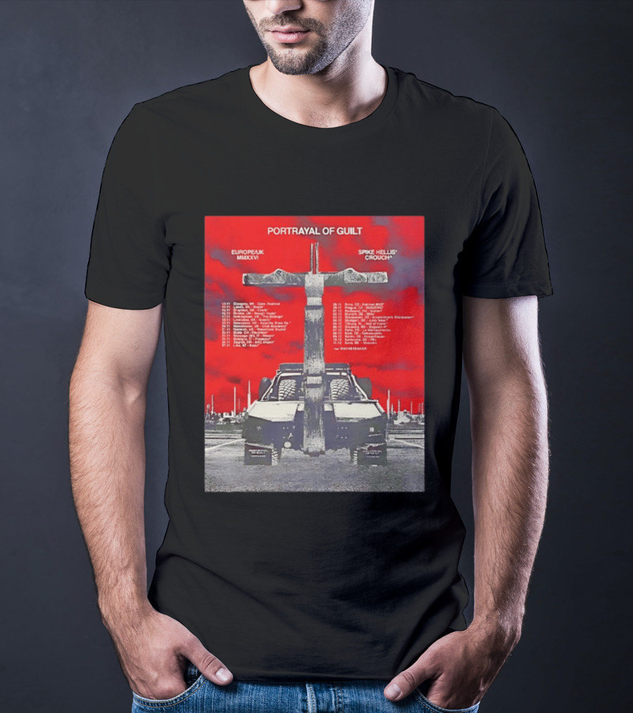 Portrayal Of Guilt Europe UK MMXXVI Spike Hellis Crouch Oathbreaker Tour Dates Tire Tracks Industrial Red T-Shirt