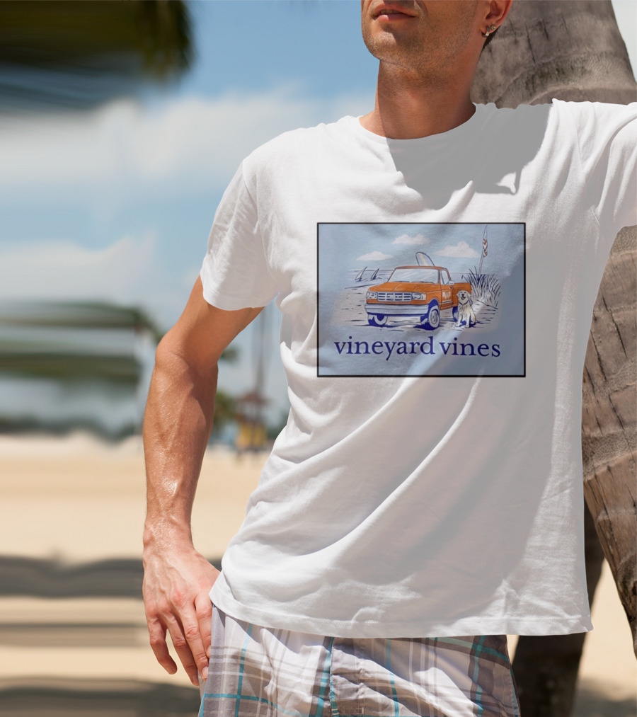 Vineyard Vines Beach Dog And Surf Truck Scene With Golden Retriever T-Shirt
