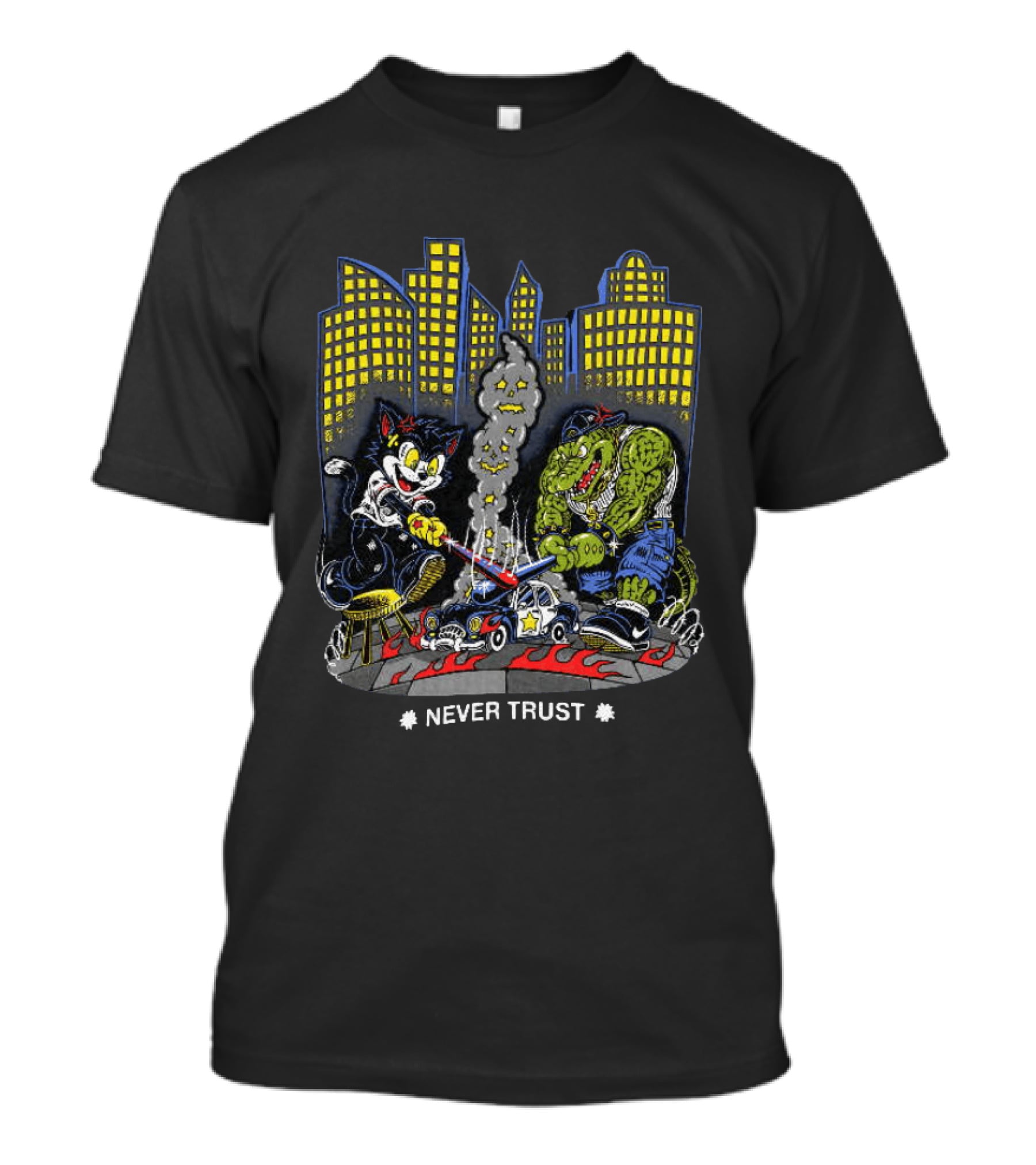 Cat And Crocodile In City Never Trust Police Car Cartoon Scene T-Shirt