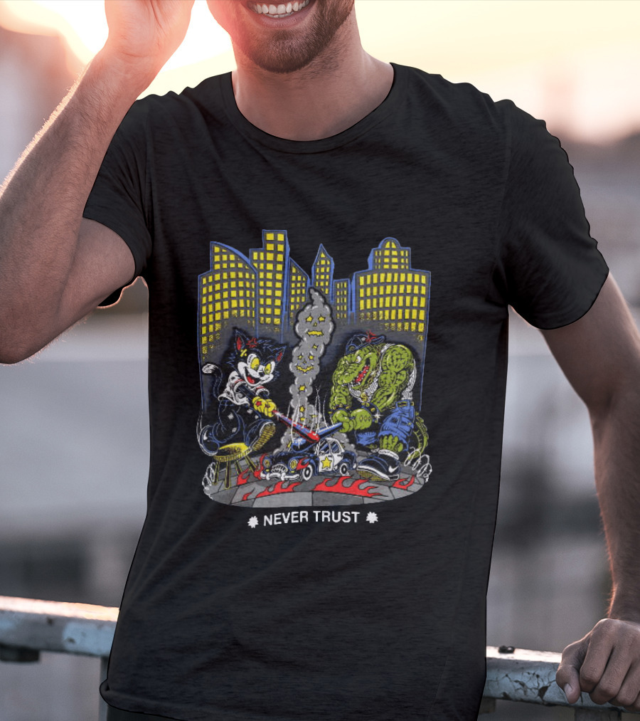 Cat And Crocodile In City Never Trust Police Car Cartoon Scene T-Shirt