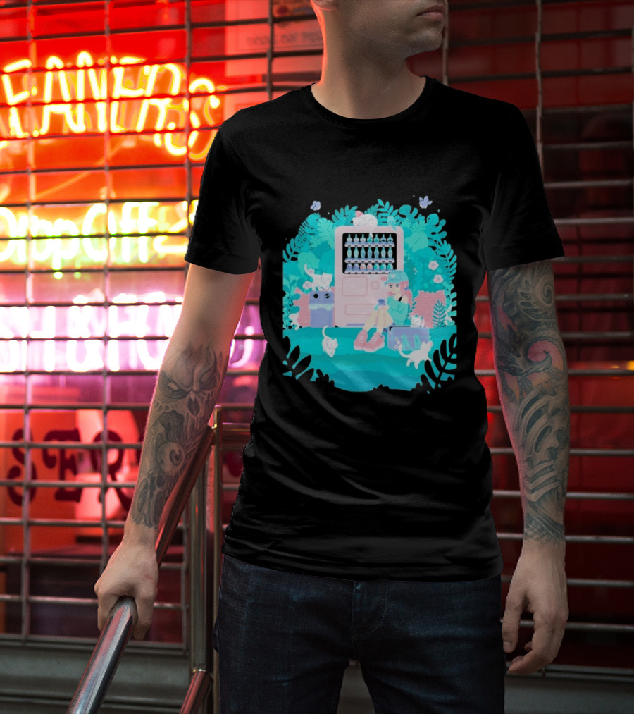 Cat Vending Machine Pastel Aesthetic With Sitting Girl And Cats T-Shirt