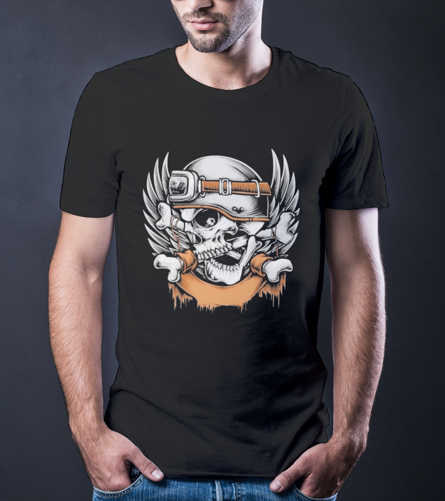 Skull With Helmet Winged Bones Biker Motif T-Shirt