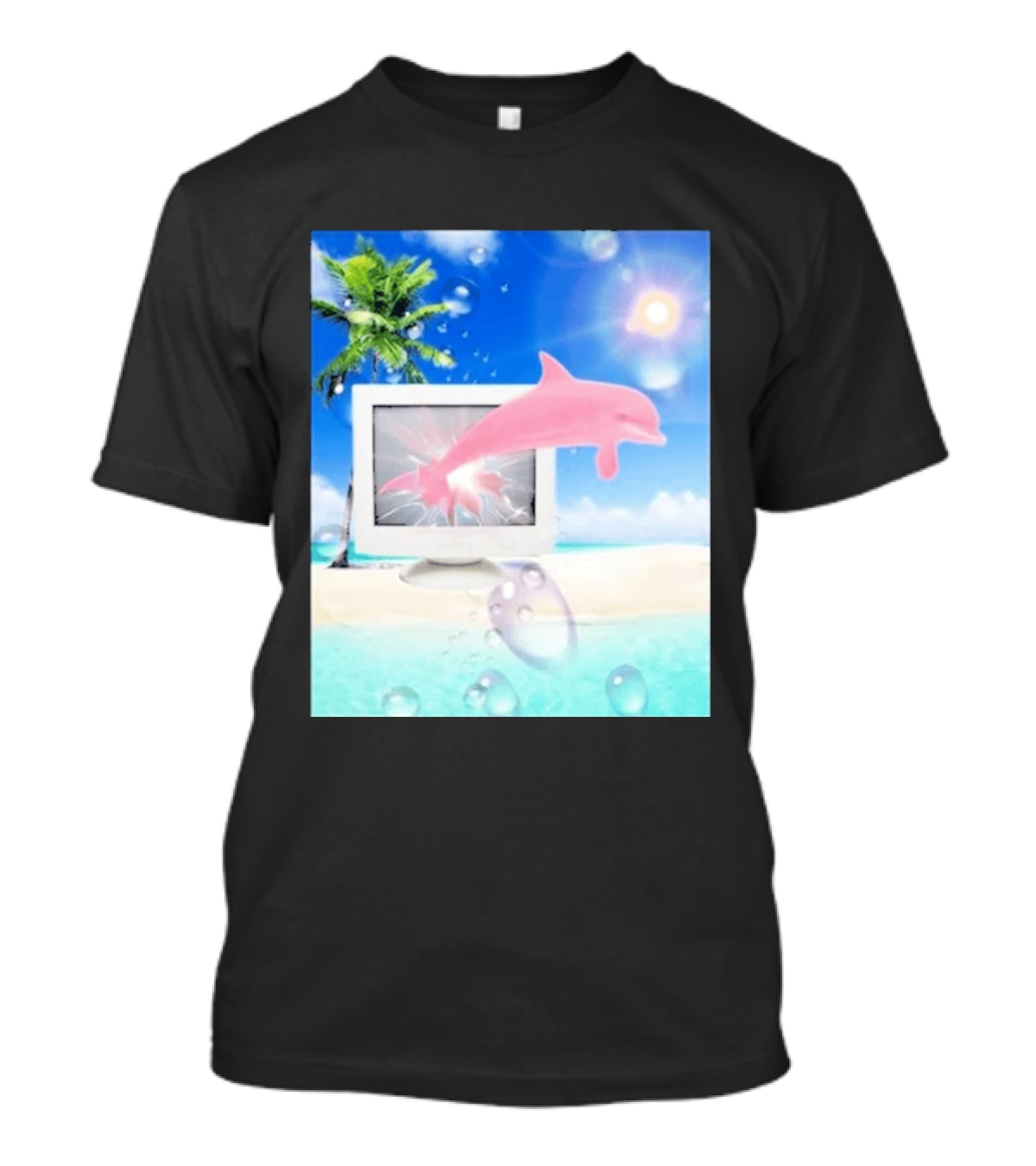 Frutiger Aero Y2k Vaporwave Palm Tree Pink Dolphin Cyberpunk Aesthetic T-Shirt