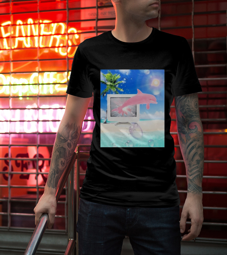 Frutiger Aero Y2k Vaporwave Palm Tree Pink Dolphin Cyberpunk Aesthetic T-Shirt