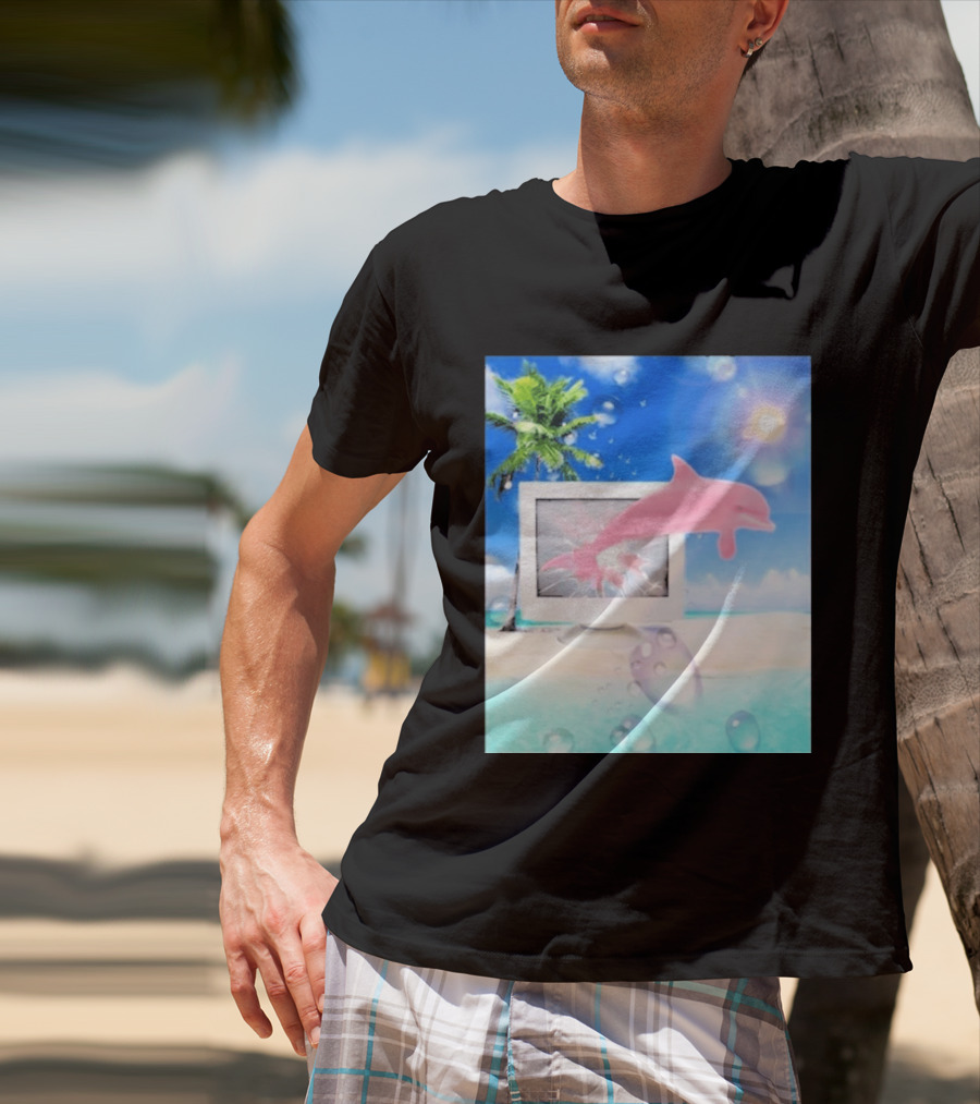 Frutiger Aero Y2k Vaporwave Palm Tree Pink Dolphin Cyberpunk Aesthetic T-Shirt