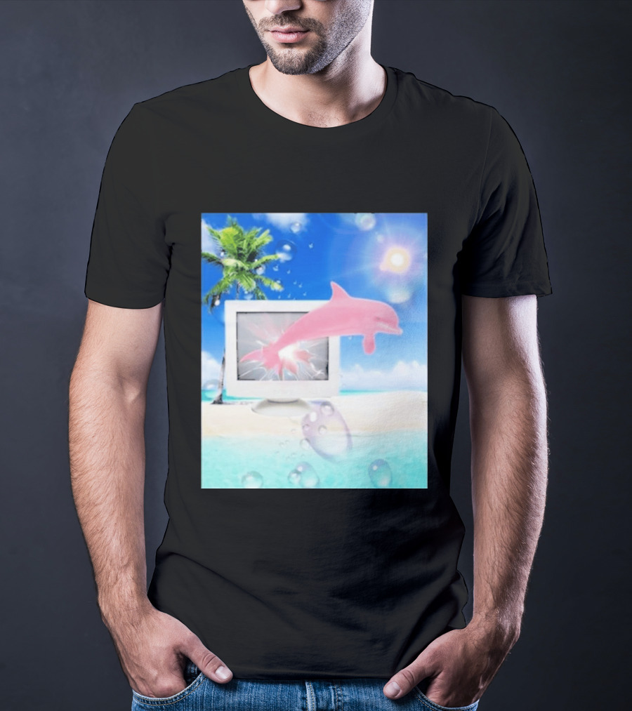 Frutiger Aero Y2k Vaporwave Palm Tree Pink Dolphin Cyberpunk Aesthetic T-Shirt