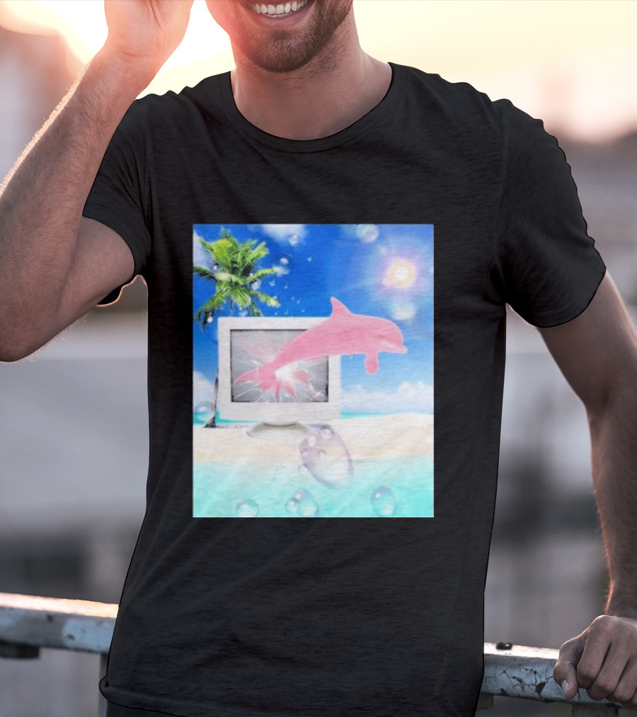 Frutiger Aero Y2k Vaporwave Palm Tree Pink Dolphin Cyberpunk Aesthetic T-Shirt