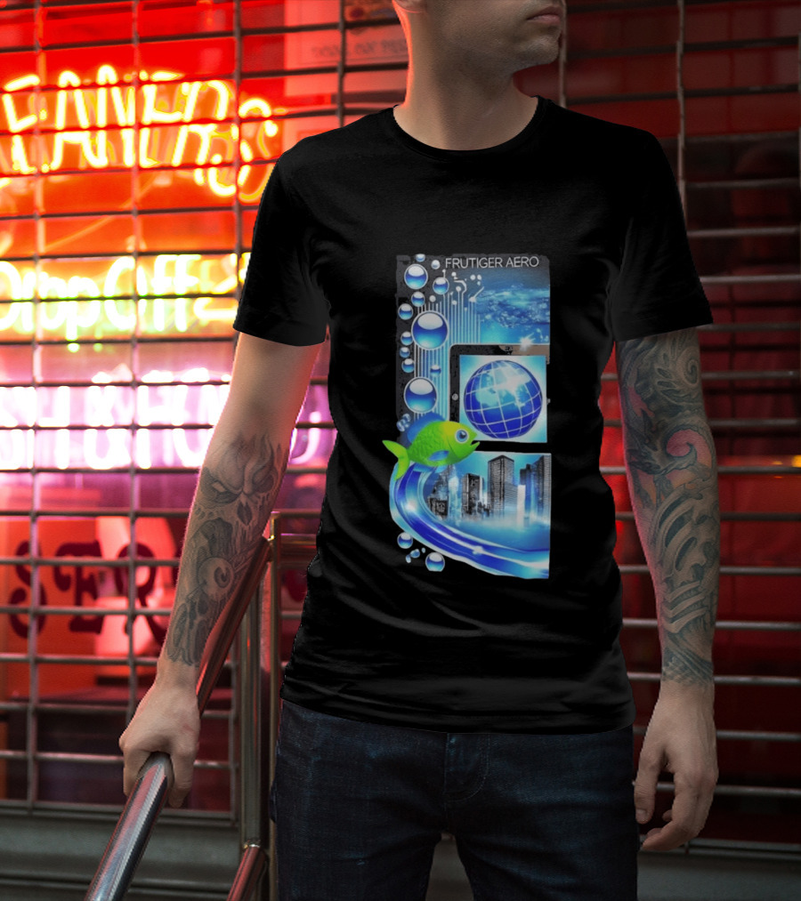 Frutiger Aero Y2K Global Tech Cityscape With Digital Fish And Blue T-Shirt