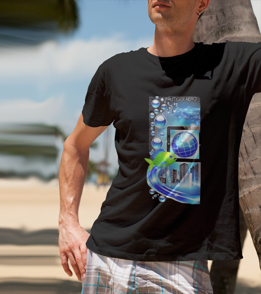 Frutiger Aero Y2K Global Tech Cityscape With Digital Fish And Blue T-Shirt