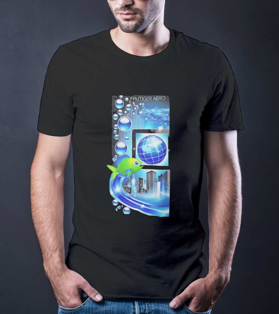 Frutiger Aero Y2K Global Tech Cityscape With Digital Fish And Blue T-Shirt
