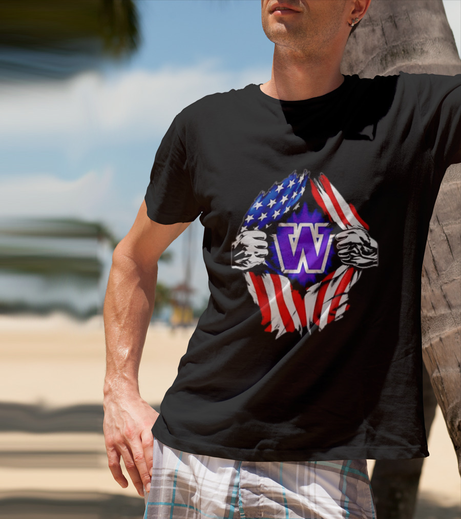 Washington Huskies W Logo American Flag Ripped Chest T-Shirt