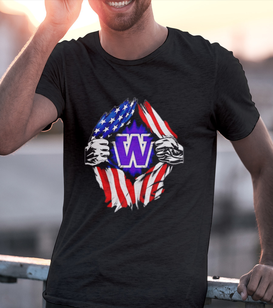 Washington Huskies W Logo American Flag Ripped Chest T-Shirt