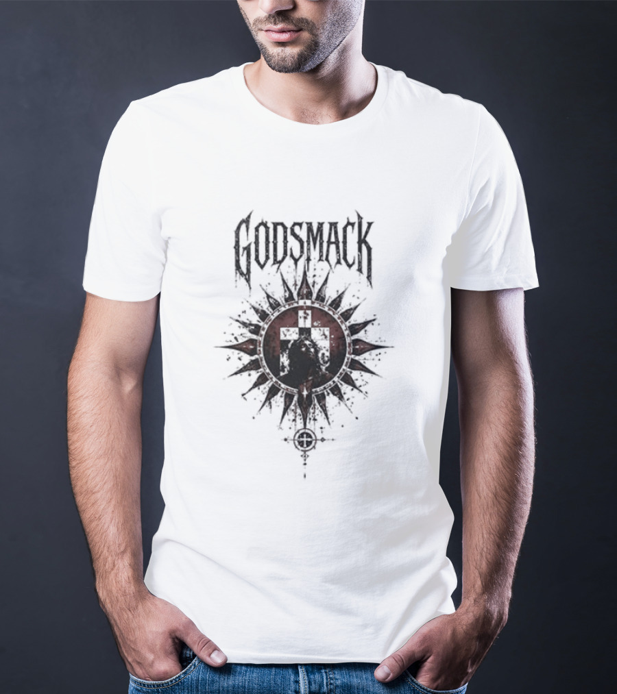 Godsmack X Jesus I Stand Before God Not Perfect Just Forgiven Christian Rock Cross Sun T-Shirt