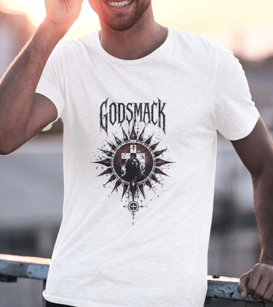 Godsmack X Jesus I Stand Before God Not Perfect Just Forgiven Christian Rock Cross Sun T-Shirt