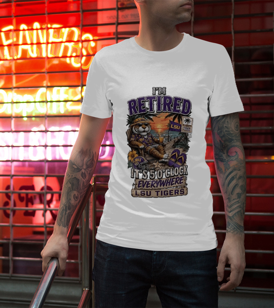 LSU Tigers I'm Retired It's 5 O' Everywhere Beach Relaxation With Palm Trees And Sunset T-Shirt