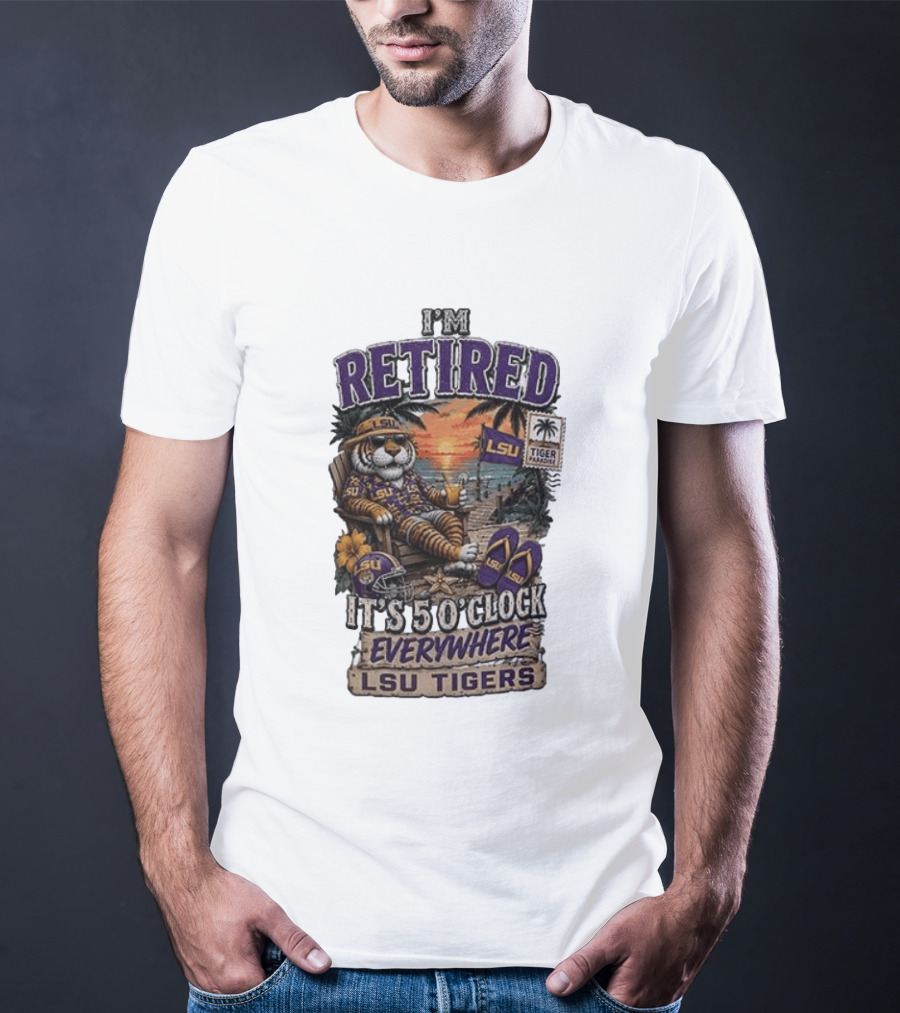 LSU Tigers I'm Retired It's 5 O' Everywhere Beach Relaxation With Palm Trees And Sunset T-Shirt