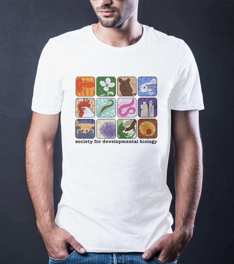 Society For Developmental Biology Model Organisms Collage Fly Plant Mouse Fish Chicken Worm Frog Plant Embryo Egg Cell T-Shirt