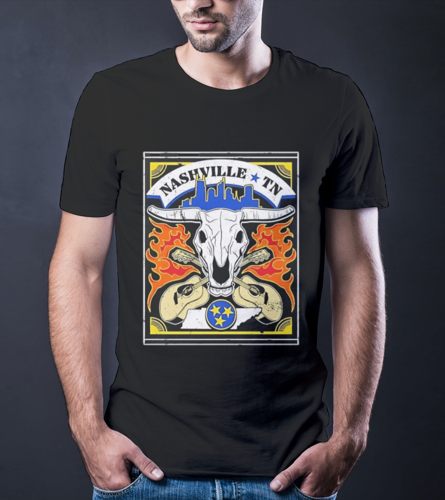 Nashville TN Cow Skull Guitars Flames Skyline Blue Star T-Shirt