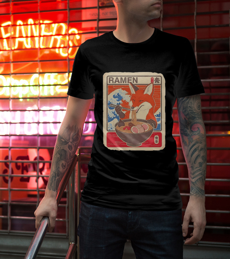 Fox Eating Ramen With Japanese Wave T-Shirt