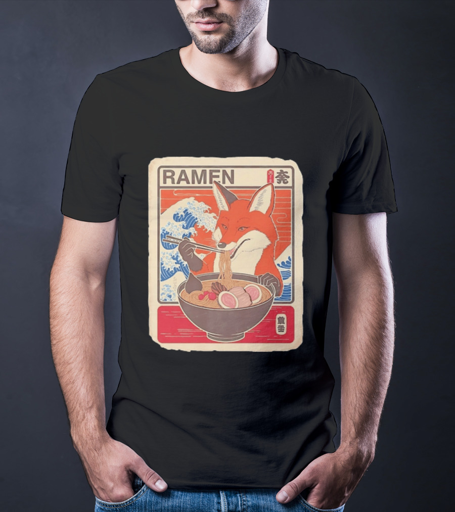 Fox Eating Ramen With Japanese Wave T-Shirt