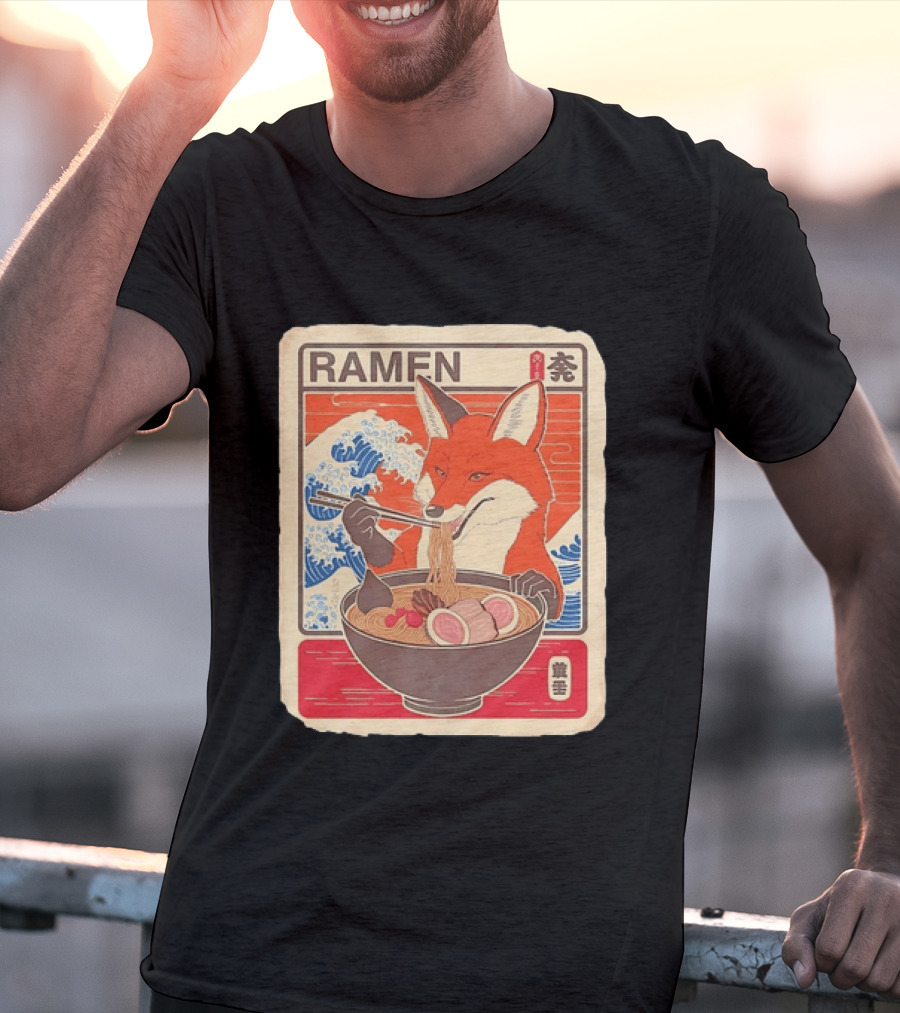 Fox Eating Ramen With Japanese Wave T-Shirt