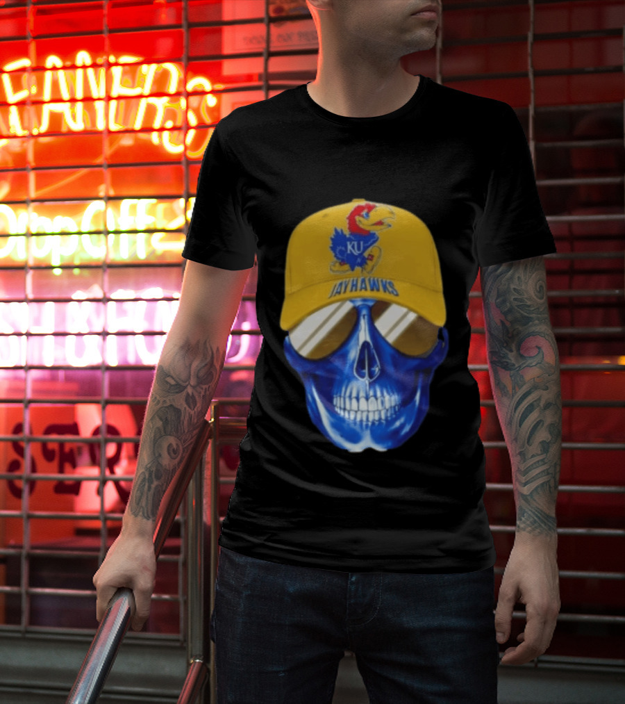 Kansas Jayhawks Skull Cap Fans Wear KU Jayhawks Edition T-Shirt