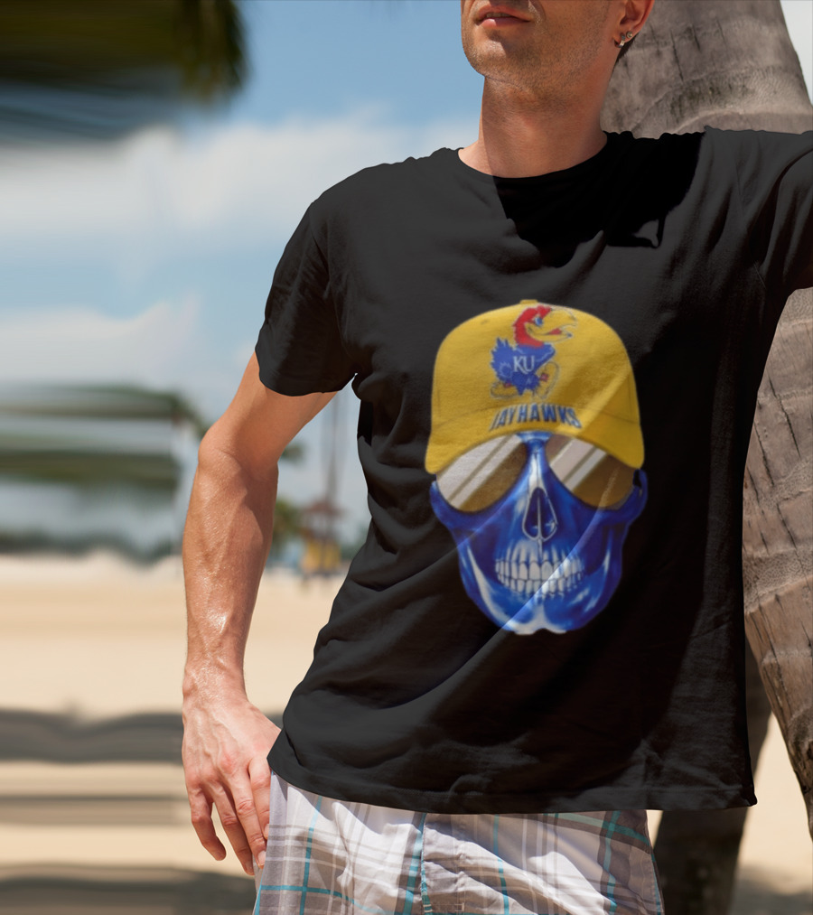 Kansas Jayhawks Skull Cap Fans Wear KU Jayhawks Edition T-Shirt